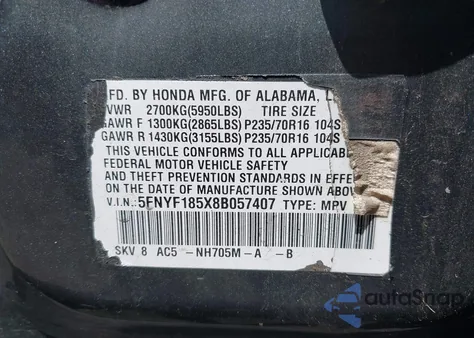 2008 Honda Pilot Ex-L from USA, damaged, VIN 5FNYF185X8B057407